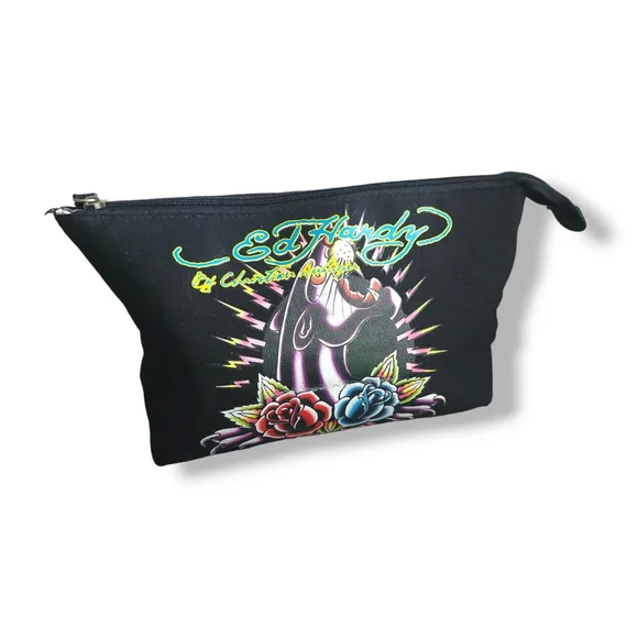 Ed Hardy | Y2K | Cute Black Panther/Bulldog Graphic Cosmetic Travel Bag - Picture 1 of 14